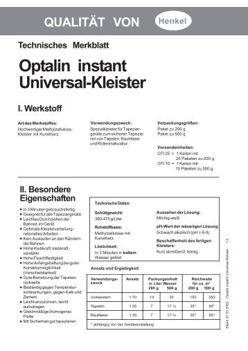 Optalin instant Universal-Kleister Technisches Merkblatt - Henkel
