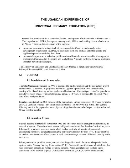 the ugandan experience of universal primary education (upe) - ADEA