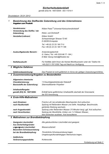 Sicherheitsdatenblatt Klöber Pasto® Universal Kartuschendichtstoff