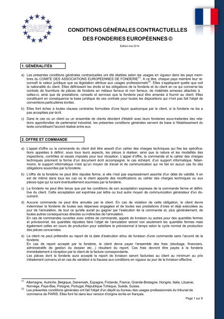 Condizioni generali di contratto delle Fonderie Europee - Testo francese