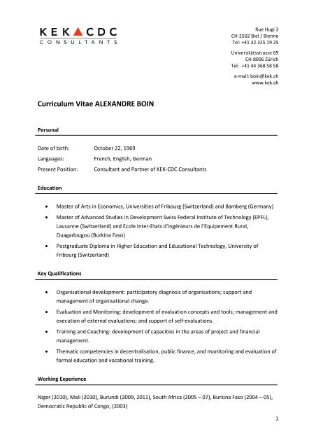 Curriculum Vitae Alexandre Boin Kek Cdc Consultants