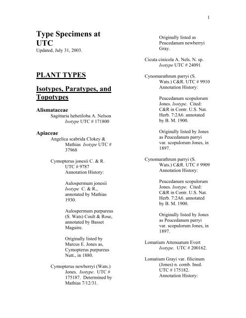 Type Specimens at UTC