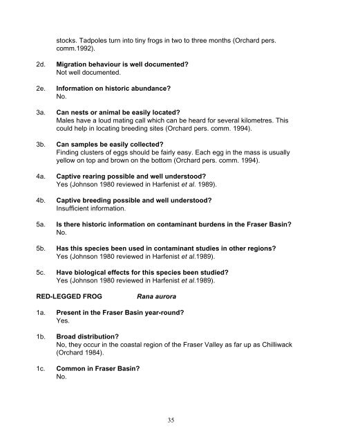 Assessment of Potential Indicator Species for Monitoring ...