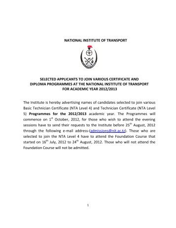 national institute of transport selected applicants to join various ...