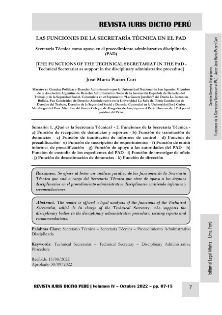 LAS FUNCIONES DE LA SECRETARÍA TÉCNICA EN EL PAD - AUTOR JOSÉ MARÍA PACORI CARI