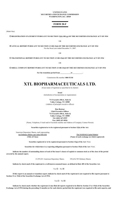 XTL BIOPHARMACEUTICALS LTD.