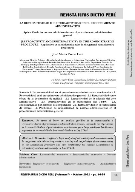 LA RETROACTIVIDAD E IRRETROACTIVIDAD EN EL PROCEDIMIENTO ADMINISTRATIVO- AUTOR JOSÉ MARÍA PACORI CARI