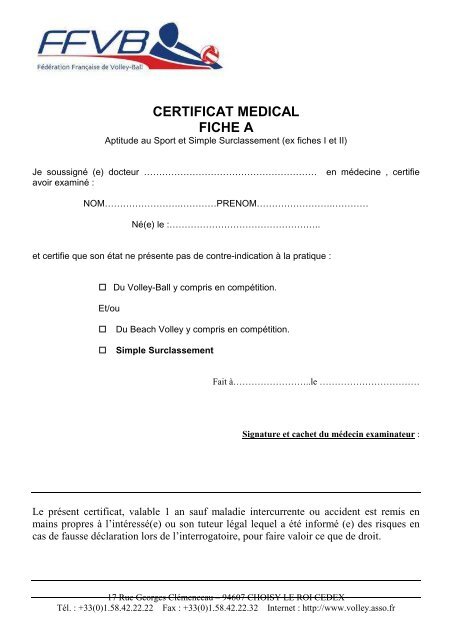 certificat medical fiche a - Volley-Ball Club Le Haillan