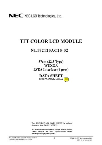 (22.5 Type) WUXGA LVDS Interface (4 port) DATA SHEET