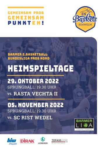 Heimspielheft der EN Baskets Schwelm DoppelAusgabe vs Rasta Vechta II und SC Rist Wedel