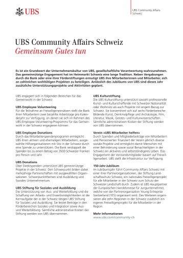 UBS Community Affairs Schweiz Gemeinsam Gutes tun