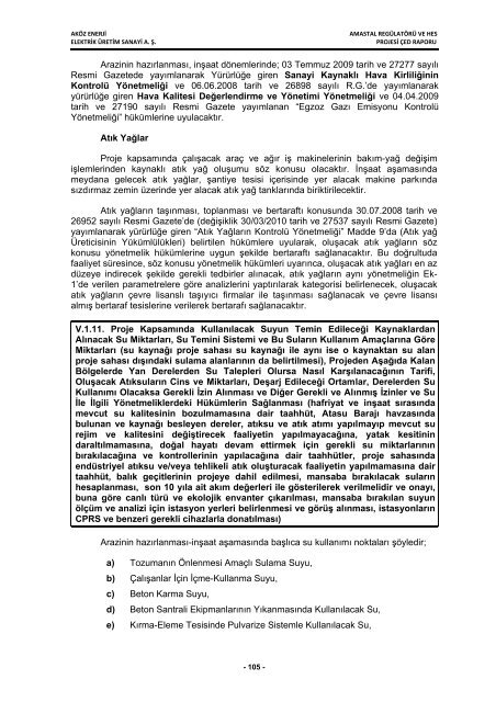 aköz enerji elektrik üretim san. a. ş. amastal regülatörü ve hes projesi