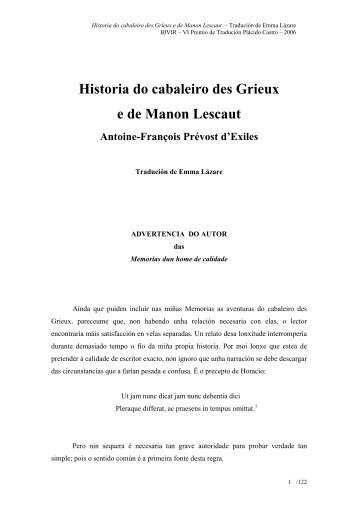 Historia do cabaleiro des Grieux e de Manon Lescaut Antoine ... - Bivir