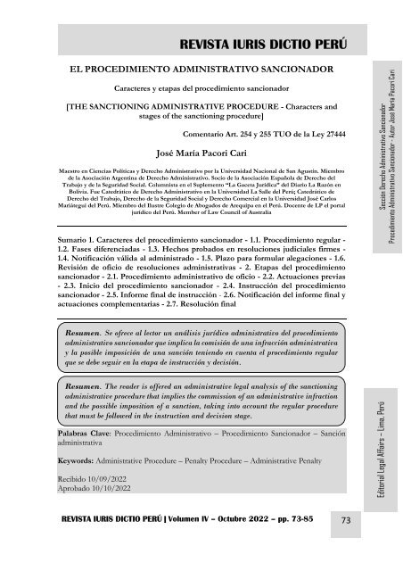 EL PROCEDIMIENTO ADMINISTRATIVO SANCIONADOR - CARACTERES Y ETAPAS  - AUTOR JOSÉ MARÍA PACORI CARI