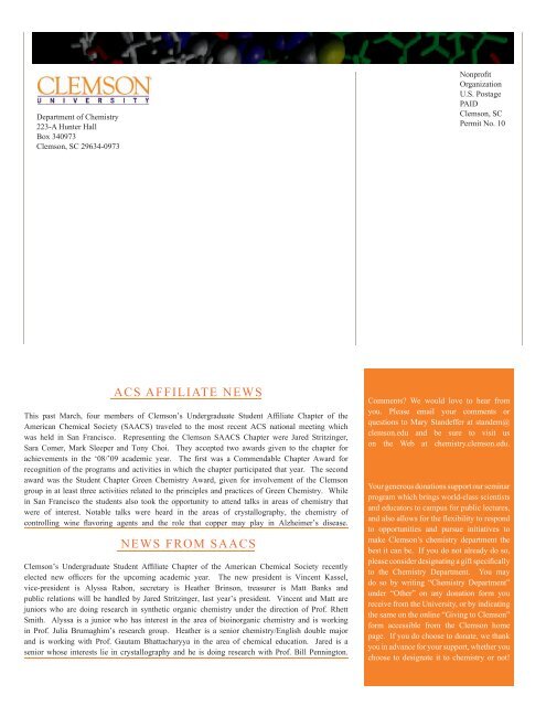 Chemistry Newsletter Spring 2010.indd - Clemson University