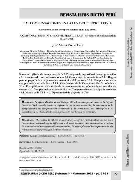 LAS COMPENSACIONES EN LA LEY DEL SERVICIO CIVIL - AUTOR JOSÉ MARÍA PACORI CARI