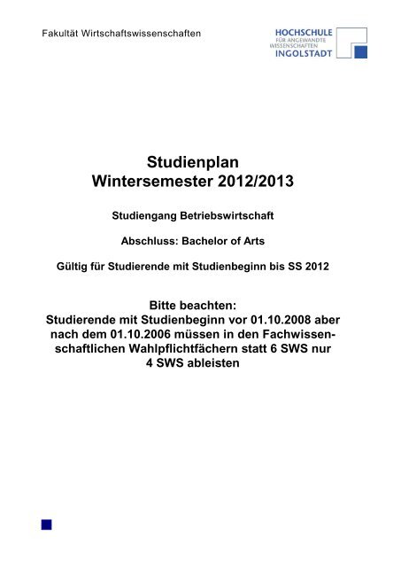 Studienplan Wintersemester 2012/2013 - Hochschule Ingolstadt