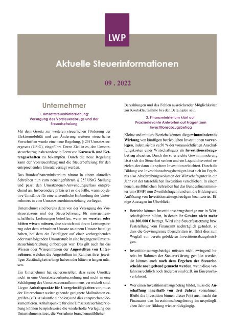 Steuerinformationen September 2022