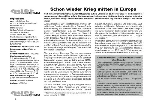 Zeitschrift quer ver.di Frauen Bayern (3/2022) Nein zum Krieg