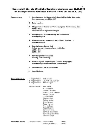 Protokoll der Gemeinderatsitzung vom 20.07.2009 - CSU Bindlach