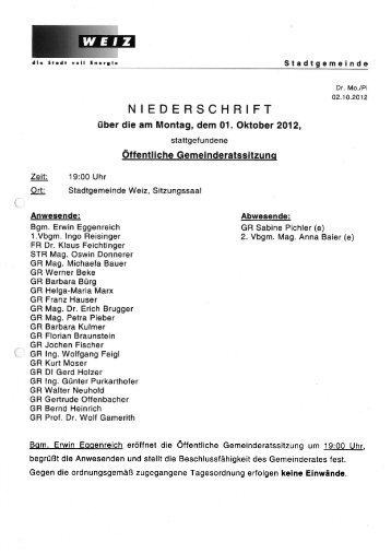 Protokoll der Gemeinderatssitzung vom 1.10.2012 - Weiz