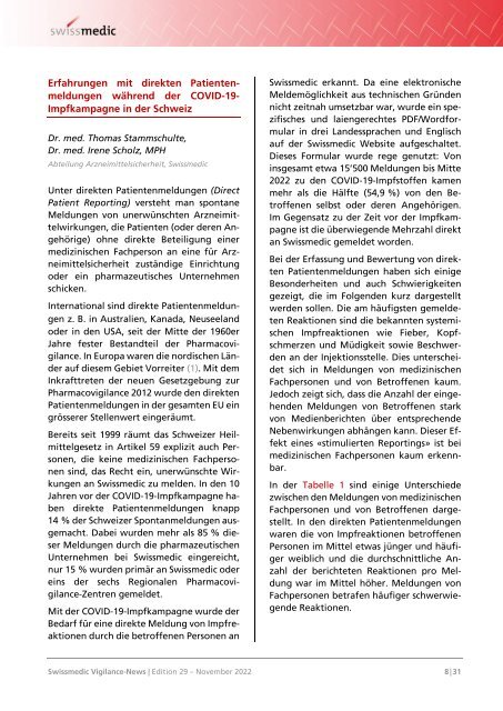 Swissmedic Vigilance-News Edition 29 – November 2022