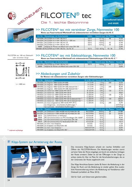 Preisliste für Stahlrinnen und FILCOTEN 2012 als PDF