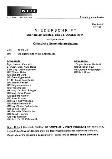 Protokoll der Gemeinderatssitzung vom 3.10.2011 - Weiz