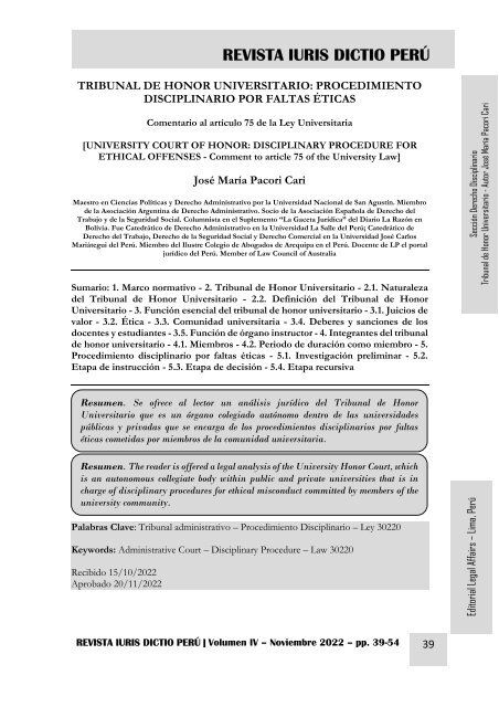 TRIBUNAL DE HONOR UNIVERSITARIO - PROCEDIMIENTO DISCIPLINARIO POR FALTAS ÉTICAS - AUTOR JOSÉ MARÍA PACORI CARI