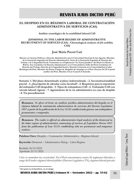 EL DESPIDO EN EL RÉGIMEN DE CONTRATACION ADMINISTRATIVA DE SERVICIOS - CAS - AUTOR JOSÉ MARÍA PACORI CARI