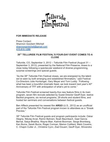 39th telluride film festival's four-day event comes