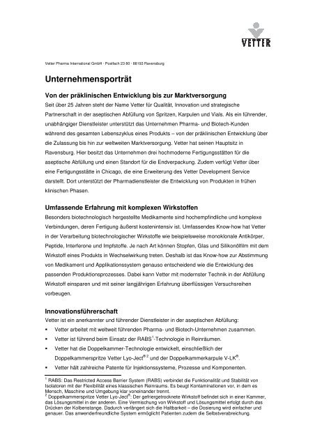 Unternehmensporträt - Vetter Pharma