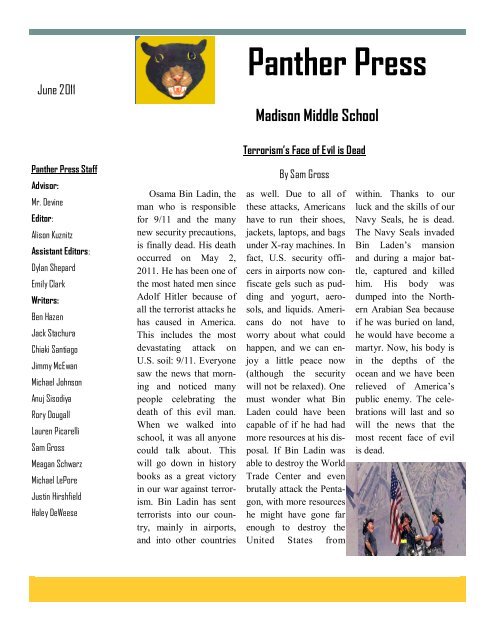 Madison Middle School Panther Press - Trumbull Public Schools