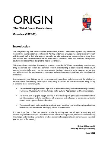 The Third Form Curriculum
