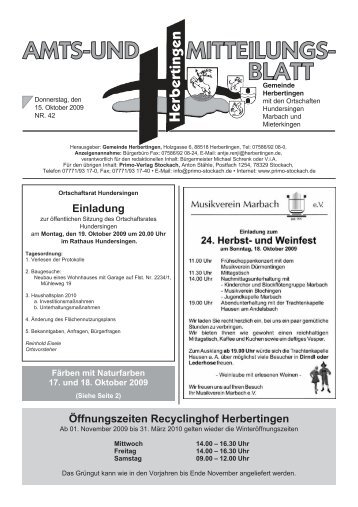 Einladung Öffnungszeiten Recyclinghof Herbertingen