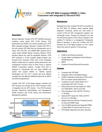 Tunable OTN XFP MSA Compliant DWDM 11.1 Gb - Menara Networks