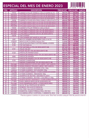 Lista de precios especial enero 2023