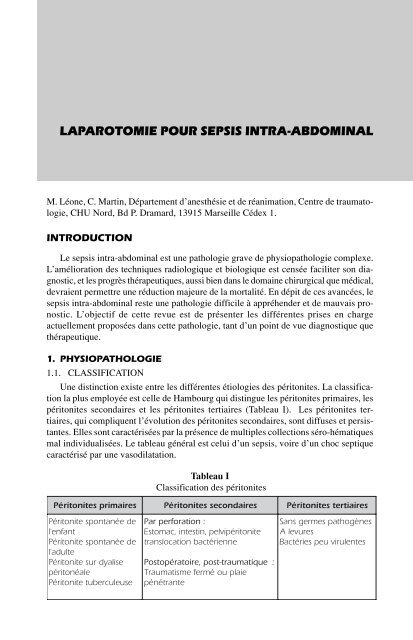 LAPAROTOMIE POUR SEPSIS INTRA-ABDOMINAL - Mapar