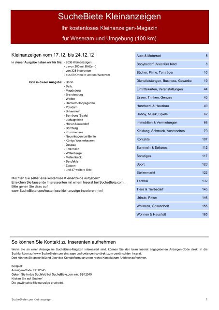 SucheBiete Kleinanzeigenzeitung Weseram - Kostenlose ...