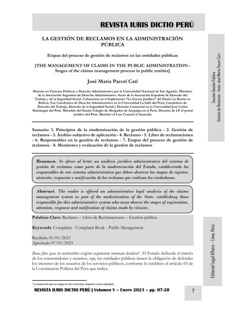 LA GESTIÓN DE RECLAMOS EN LA ADMINISTRACIÓN PÚBLICA - AUTOR JOSÉ MARÍA PACORI CARI