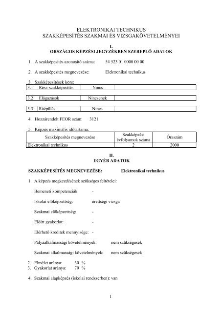 ELEKTRONIKAI TECHNIKUS SZAKKÉPESÍTÉS SZAKMAI ÉS ...