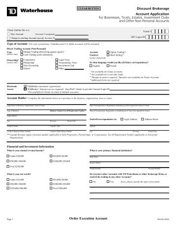 TD Waterhouse Discount Brokerage Account Application Form for ...