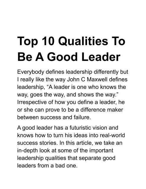 Top 10 Qualities Of A Good Leader