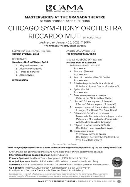 Program Book / CAMA Presents the Chicago Symphony Orchestra with Maestro Riccardo Muti / January 25, 2023, The Granada Theatre, Santa Barbara, 7:30PM