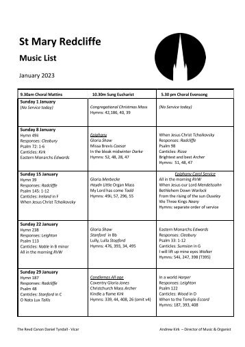 St Mary Redcliffe Music List January 2023