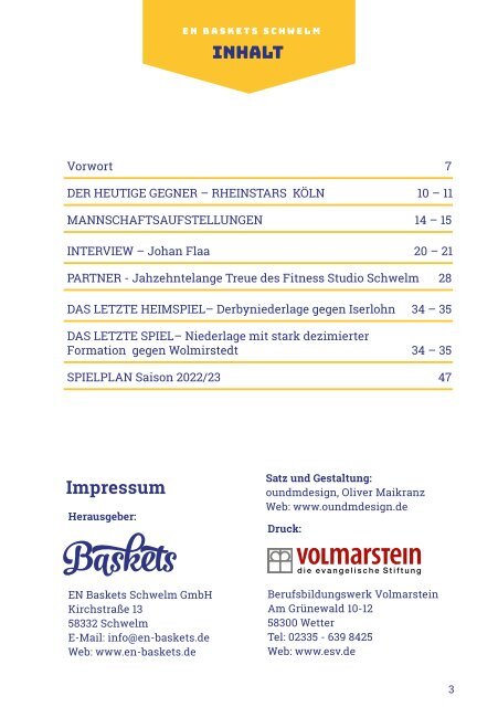 Heimspielheft der EN BASKETS Schwelm vs Rheinstars Köln am 21.01.2023