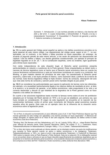 Parte general del derecho penal económico Klaus Tiedemann ...