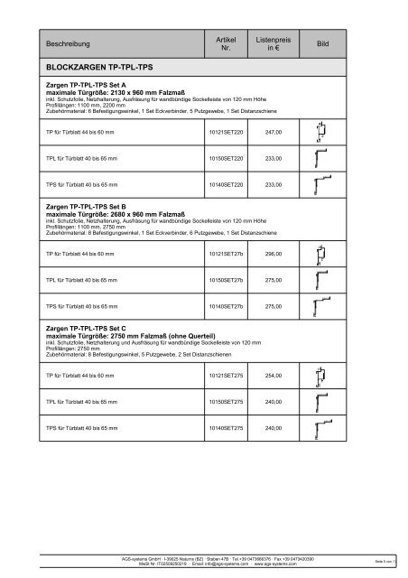 PREISLISTE ZARGEN-PROFILE