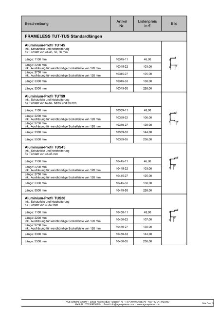 PREISLISTE ZARGEN-PROFILE