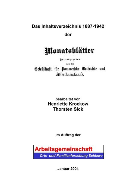 Inhaltsverzeichnis der Monatsblätter 1887-1942